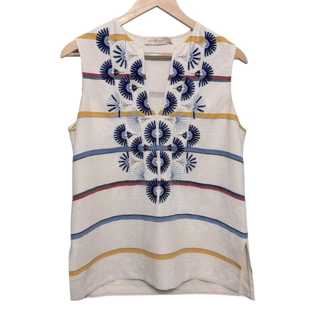 Tory Burch‎ Avery Sleeveless Tunic Top Linen Blend Beige High Low Hem Sz 4